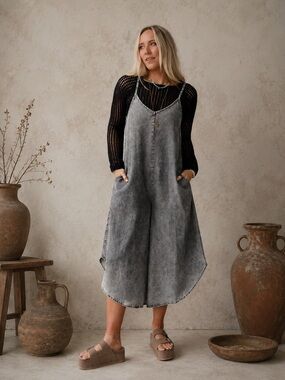 Zenana Kalina Mineral Wash Wide Leg Jumpsuit 100% Lyocell NWOT size small